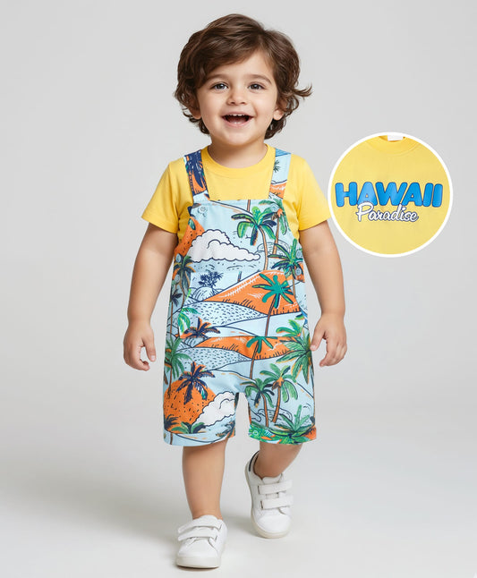 FirstCry Babyhug 100 Percent Cotton Knit Half Sleeves T-Shirt and Dungaree With Beach Theme Print Yellow and Light Blue