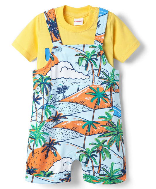 FirstCry Babyhug 100 Percent Cotton Knit Half Sleeves T-Shirt and Dungaree With Beach Theme Print Yellow and Light Blue