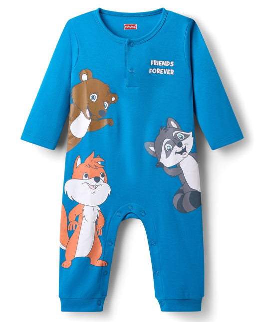 FirstCry Babyhug 100 Percent Cotton Interlock Knit Full Sleeves Romper with Animal Print Blue