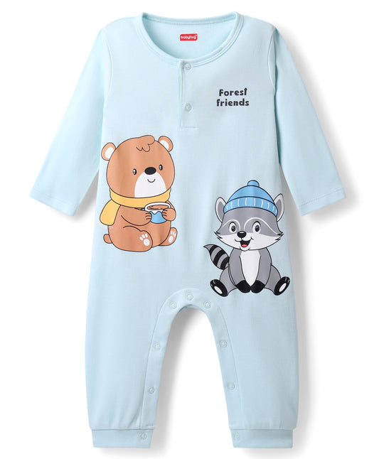 FirstCry Babyhug 100 Percent Cotton Interlock Knit Full Sleeves Romper with Animal Print Light Blue