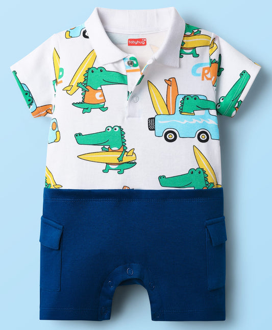FirstCry Babyhug 100 Percent Cotton Interlock Knit Romper With Dino Print Blue and White