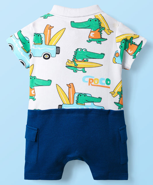 FirstCry Babyhug 100 Percent Cotton Interlock Knit Romper With Dino Print Blue and White