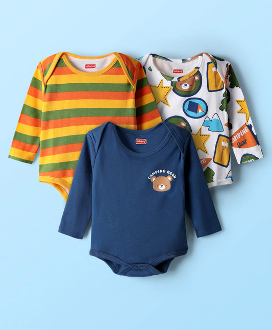 FirstCry Babyhug 100 Percent Cotton Interlock Knit Full Sleeves Onesies with Stripe Design and Animal Print Pack of 3 Navy Blue White and Orange