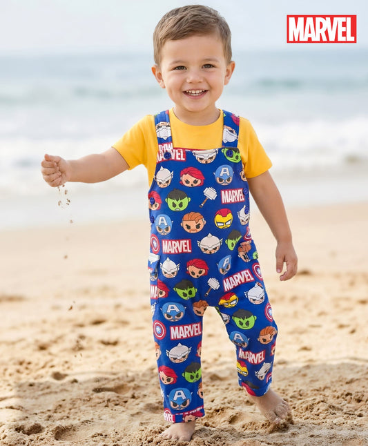 FirstCry Babyhug Marvel Single Jersey Knit Half Sleeve Tee and Dungaree Set with Avengers Print Yellow and Blue
