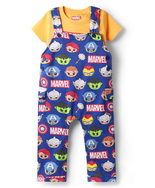 FirstCry Babyhug Marvel Single Jersey Knit Half Sleeve Tee and Dungaree Set with Avengers Print Yellow and Blue