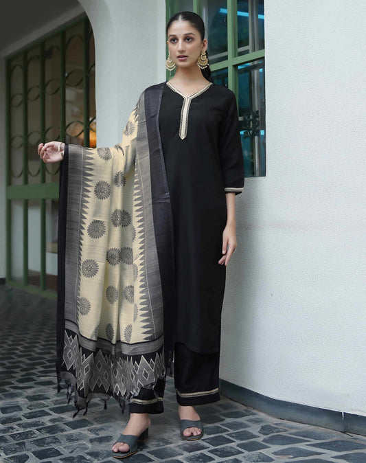 Sudathi Black Chinnon Lace Straight Kurta Set With Dupatta