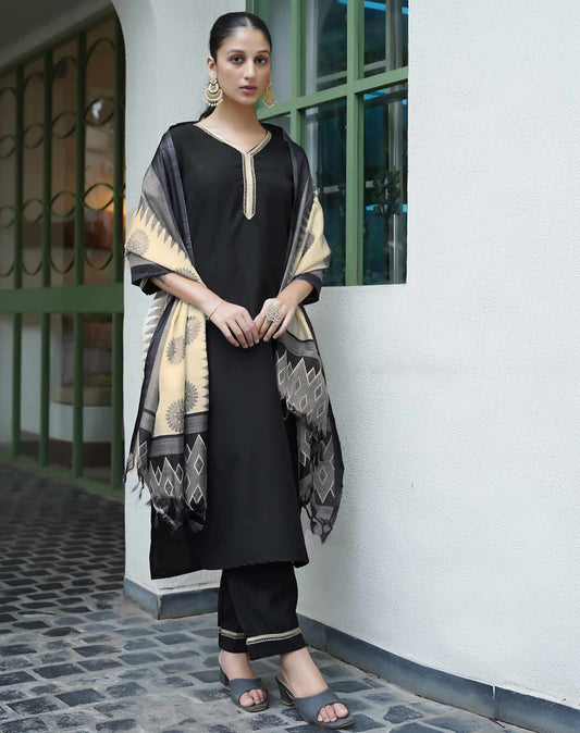 Sudathi Black Chinnon Lace Straight Kurta Set With Dupatta - PUSHMYCART