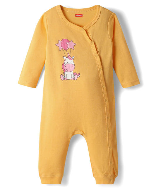 FirstCry Babyhug 100 Percent Cotton Interlock Knit Full Sleeves Romper with Unicorn Print Yellow