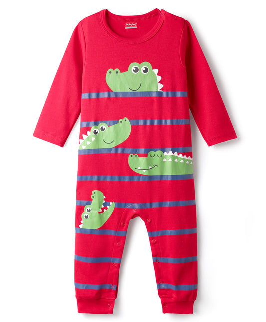 FirstCry Babyhug 100 Percent Cotton Interlock Knit Full Sleeves Romper with Croco Print Red
