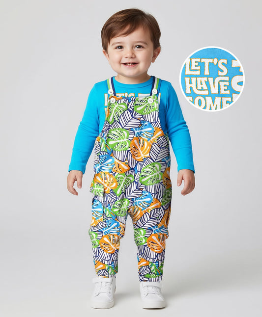 FirstCry Babyoye Single Jersey Knit Full Sleeves T-Shirt and Dungaree with With Lets Have Some and Leaves Print Blue