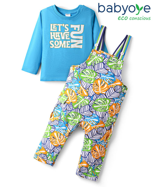 FirstCry Babyoye Single Jersey Knit Full Sleeves T-Shirt and Dungaree with With Lets Have Some and Leaves Print Blue