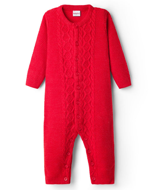 FirstCry Babyhug Sweater Knit Full Sleeves Winter Wear Romper with Cable Knit Design Red