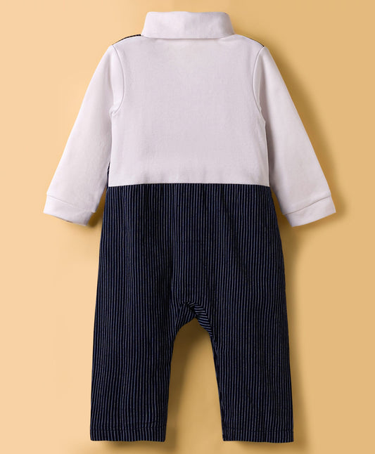 FirstCry Mark and Mia Knit Full Sleeves Partywear Romper with Bow and Stripes Print Navy Blue