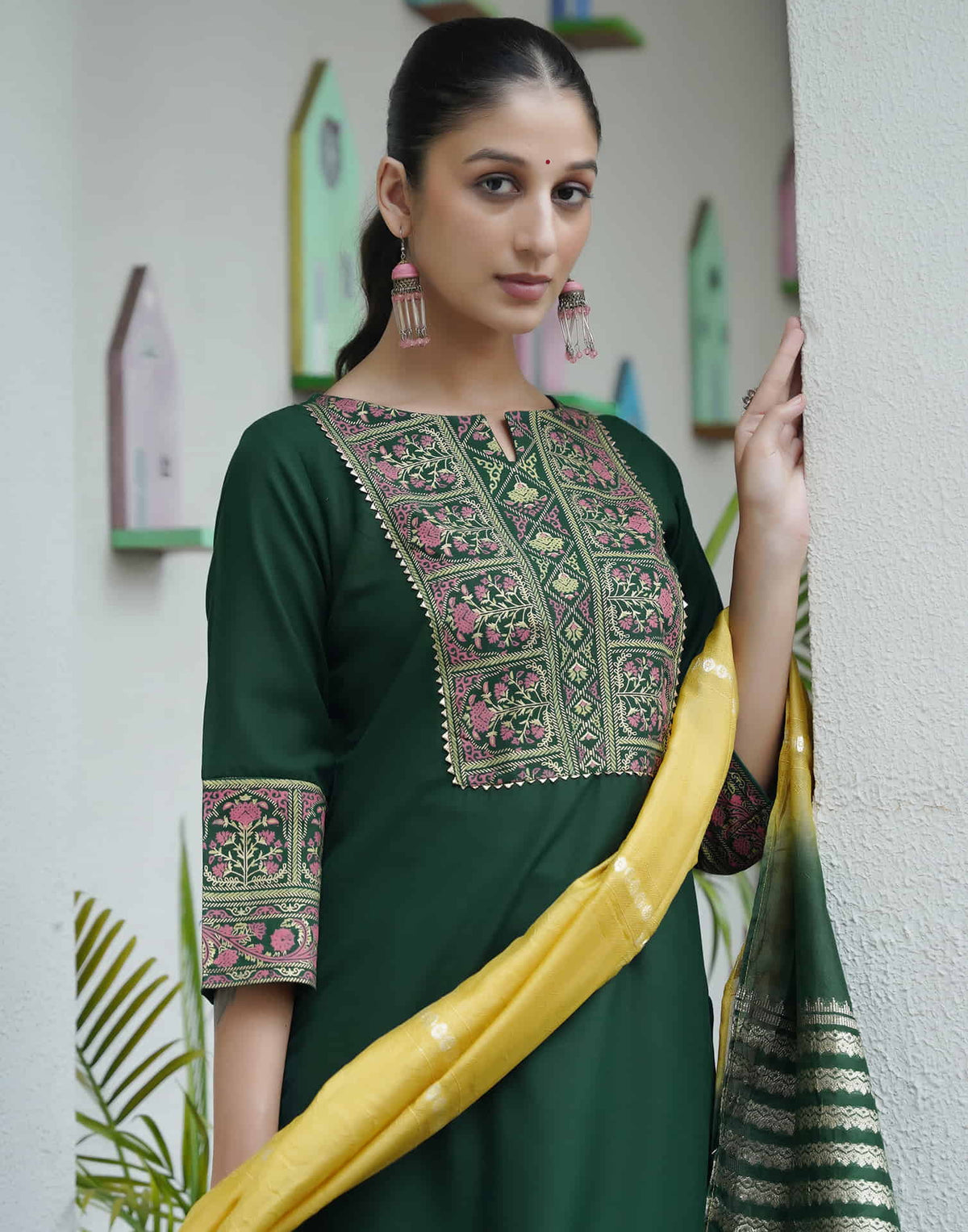 Sudathi Dark Green Cotton Printed Straight Kurta Set With Dupatta - PUSHMYCART