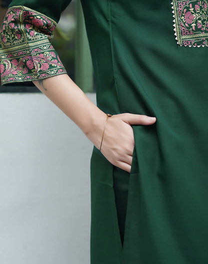 Sudathi Dark Green Cotton Printed Straight Kurta Set With Dupatta - PUSHMYCART