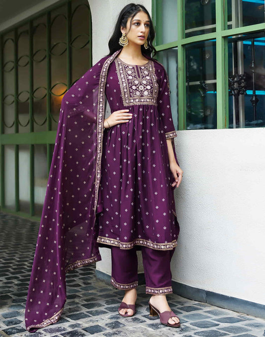 Sudathi Deep Purple Chinnon Printed Straight Kurta Set With Dupatta