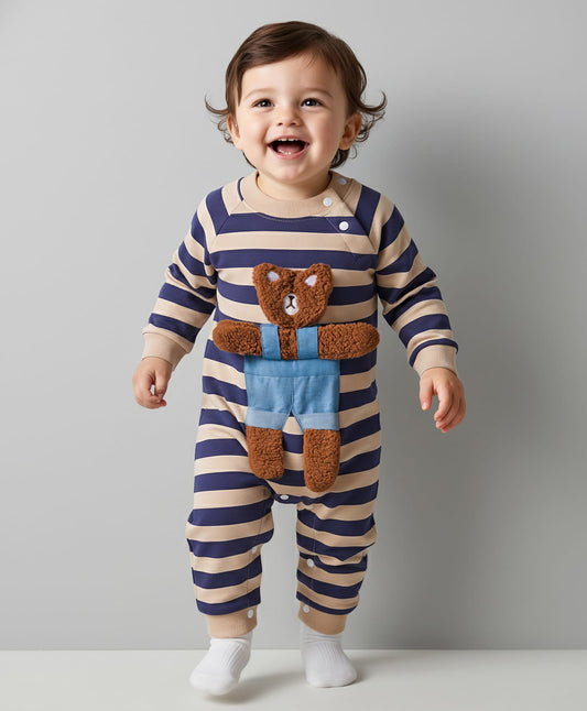 FirstCry Mark and Mia Knit Full Sleeves Fleece Fabric Winter Wear Striped Romper With Bear Applique Blue