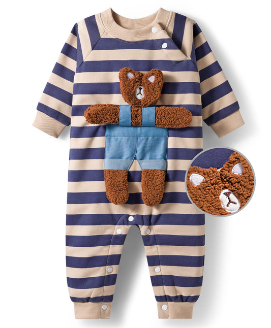 FirstCry Mark and Mia Knit Full Sleeves Fleece Fabric Winter Wear Striped Romper With Bear Applique Blue