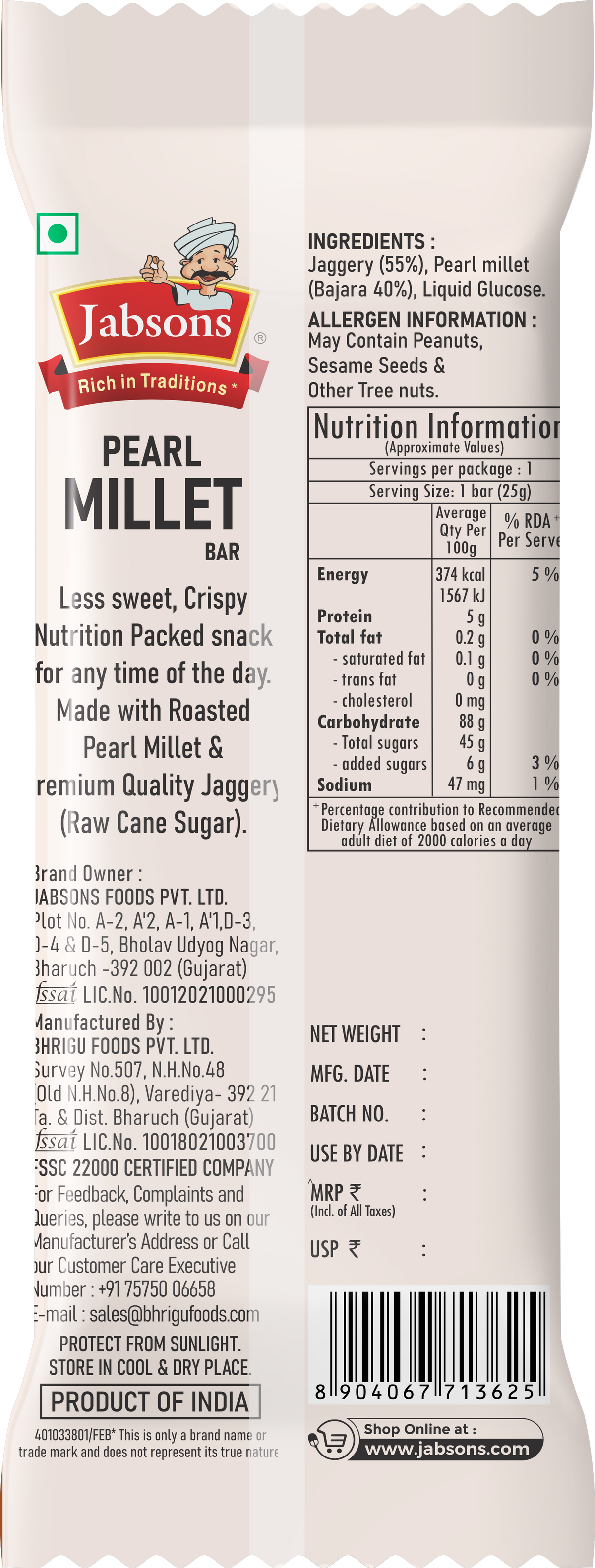 Jabsons Foods Pearl Millet Bar