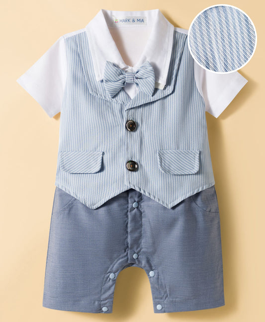 FirstCry Mark and Mia Knit Half Sleeves Party Romper With Attached Waistcoat and Bow Blue