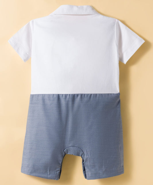 FirstCry Mark and Mia Knit Half Sleeves Party Romper With Attached Waistcoat and Bow Blue