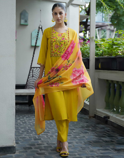 Sudathi Yellow Silk Embroidery Straight Kurta Set With Dupatta - PUSHMYCART