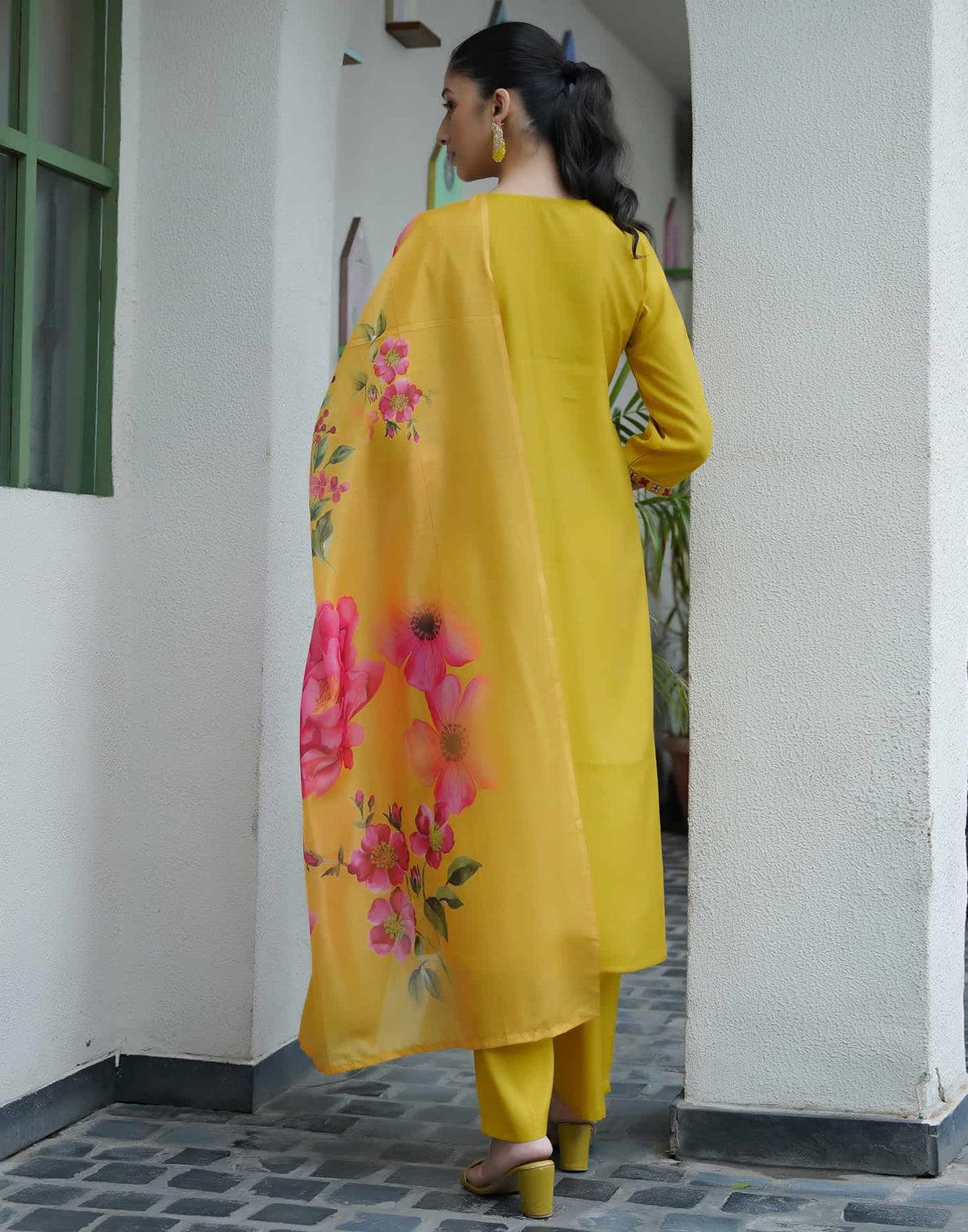 Sudathi Yellow Silk Embroidery Straight Kurta Set With Dupatta - PUSHMYCART