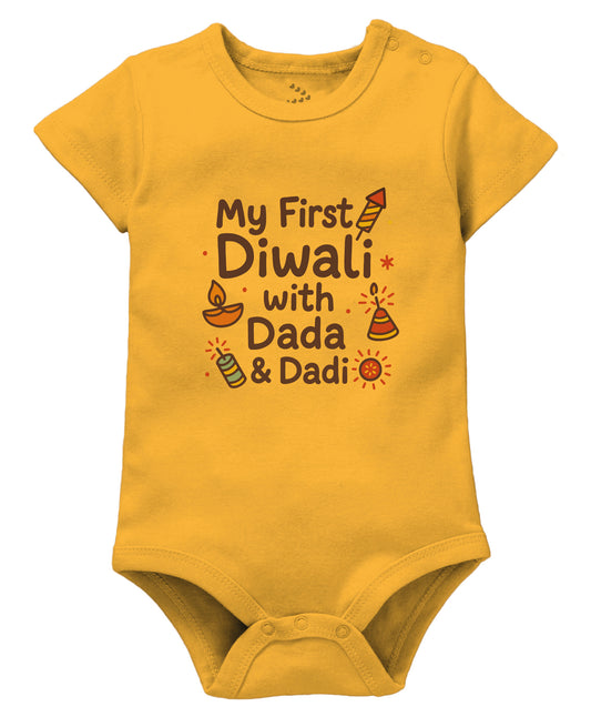 Zeezeezoo My First Diwali With Dada and Dadi Colourful Text Half Sleeves Onesie Mustard Yellow