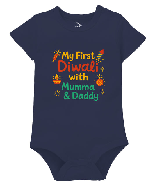 Zeezeezoo My First Diwali With Mummy and Daddy Colourful Text Half Sleeves Onesie Navy Blue