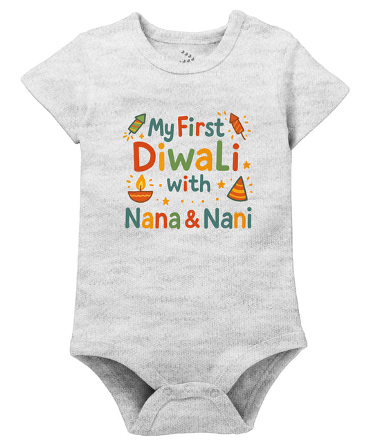 Zeezeezoo My First Diwali With Nana and Nani Colourful Text Half Sleeves Onesie Grey