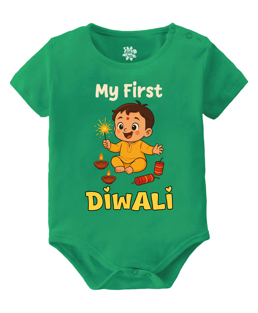 Baby Buzz My First Diwali Boy With Firecrackers Half Sleeves Onesie Green