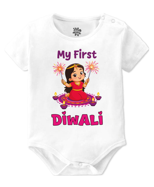Baby Buzz My First Diwali Girl With Two Sparklers Half Sleeves Onesie White