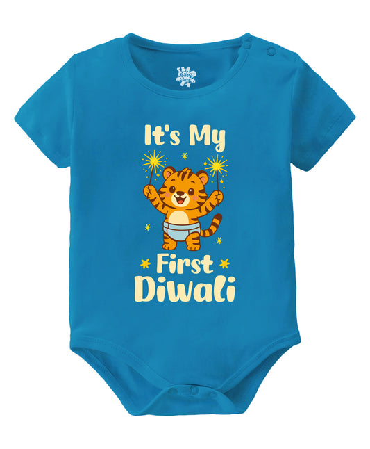 Baby Buzz Its My First Diwali Tiger Cub Half Sleeves Onesie Blue