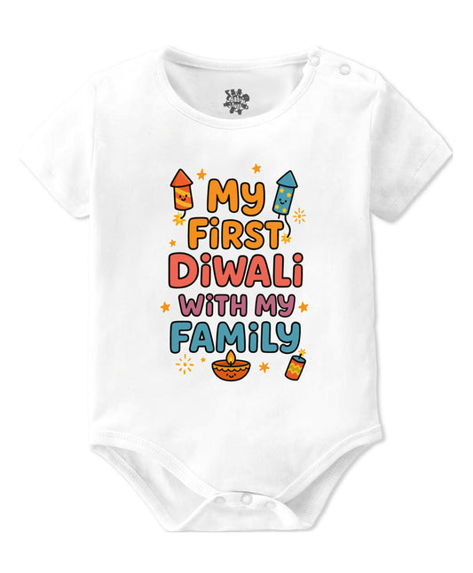 Baby Buzz My First Diwali With My Family Colourful Text Half Sleeves Onesie White