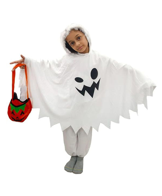 BookMyCostume Woven Halloween Batwing Sleeves Hooded Poncho Ghost Costume With Pumpkin Basket Set White and Orange