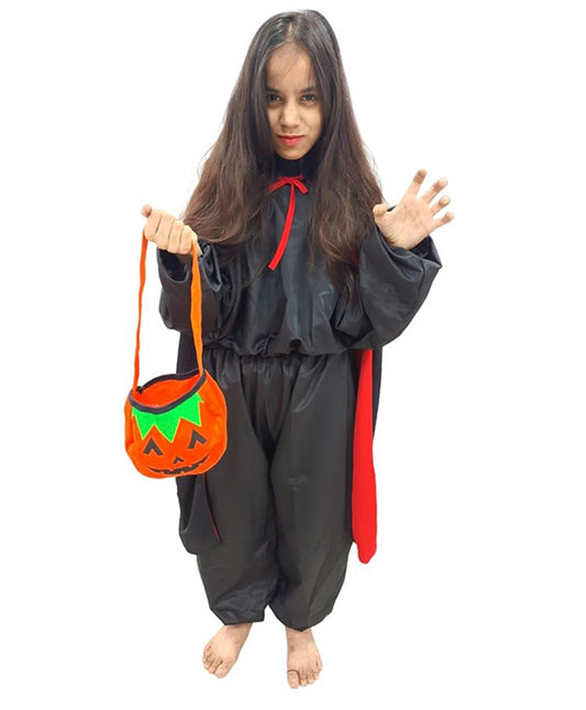 BookMyCostume Woven Halloween Theme Pumpkin Basket and Cape Set Black Red and Orange
