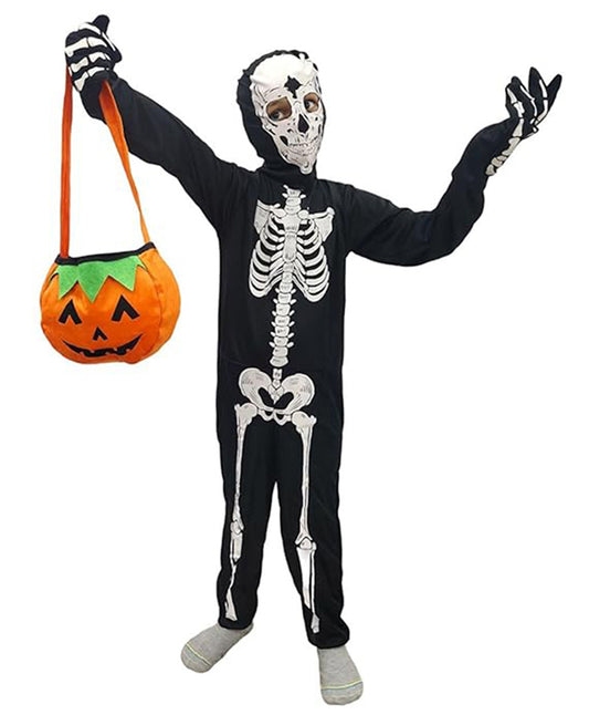 BookMyCostume Woven Halloween Theme Full Sleeves Skeleton Costume With Pumpkin Basket Set Black and Orange
