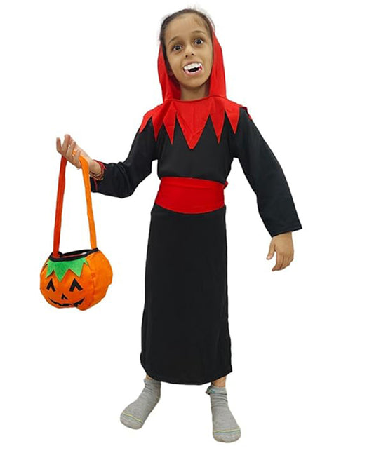 BookMyCostume Halloween Full Sleeves Hooded Vampire Costume With Pumpkin Basket and Vampire Teeth Black Red and Orange