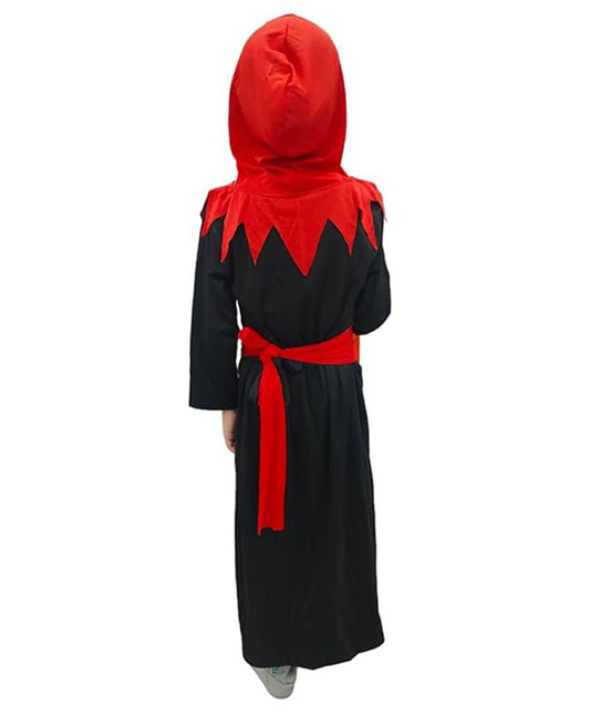 BookMyCostume Halloween Full Sleeves Hooded Vampire Costume With Pumpkin Basket and Vampire Teeth Black Red and Orange