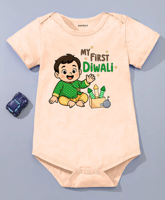 KNITROOT My First Diwali Boy in Green Kurta With Crackers Half Sleeves Onesie Peach