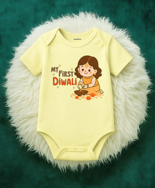 KNITROOT My First Diwali Baby Girl With Diya Half Sleeves Onesie Yellow