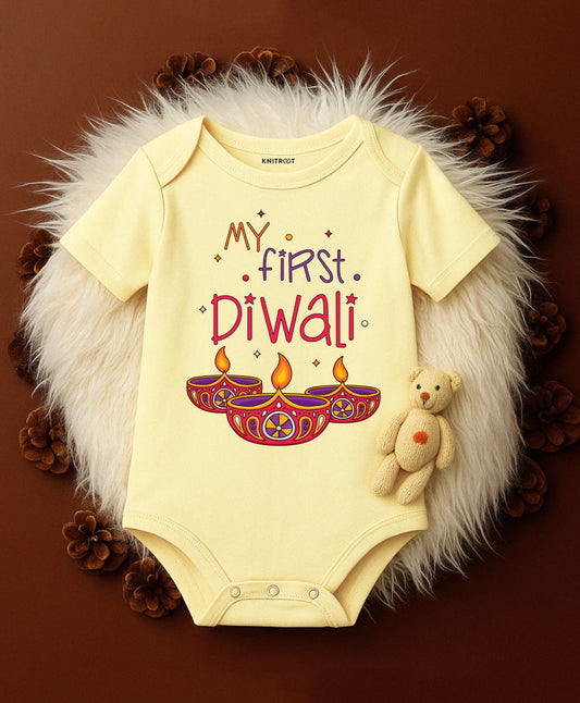 KNITROOT My First Diwali Three Diyas Half Sleeves Onesie Yellow