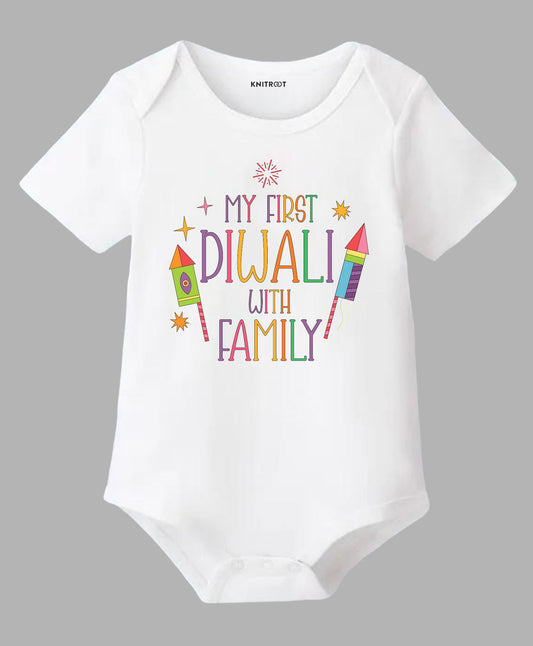 KNITROOT My First Diwali With Family Rocket and Crackers Half Sleeves Onesie White