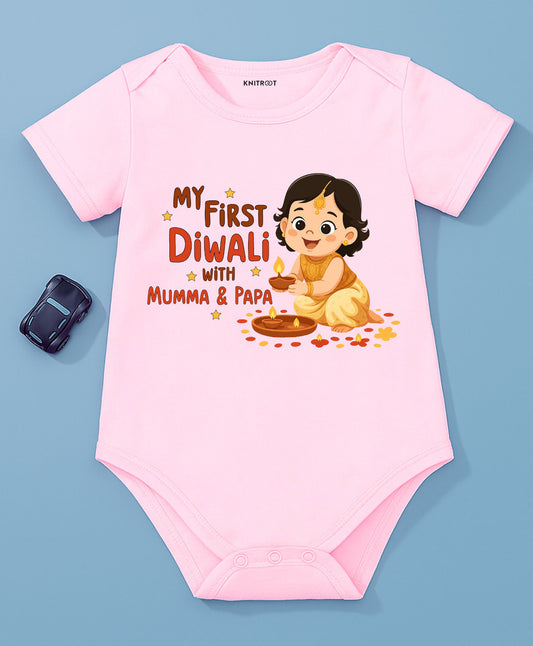 KNITROOT My First Diwali With Mumma and Papa Girl With Diya Half Sleeves Onesie Pink