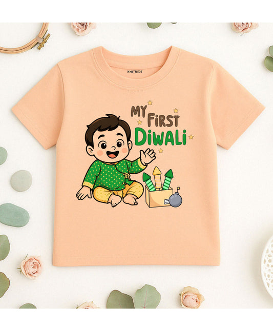 KNITROOT My First Diwali Boy in Green Kurta With Crackers Half Sleeves Tee Peach