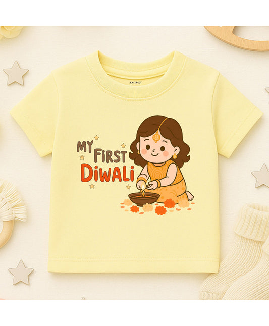 KNITROOT My First Diwali Baby Girl With Diya Half Sleeves Tee Yellow