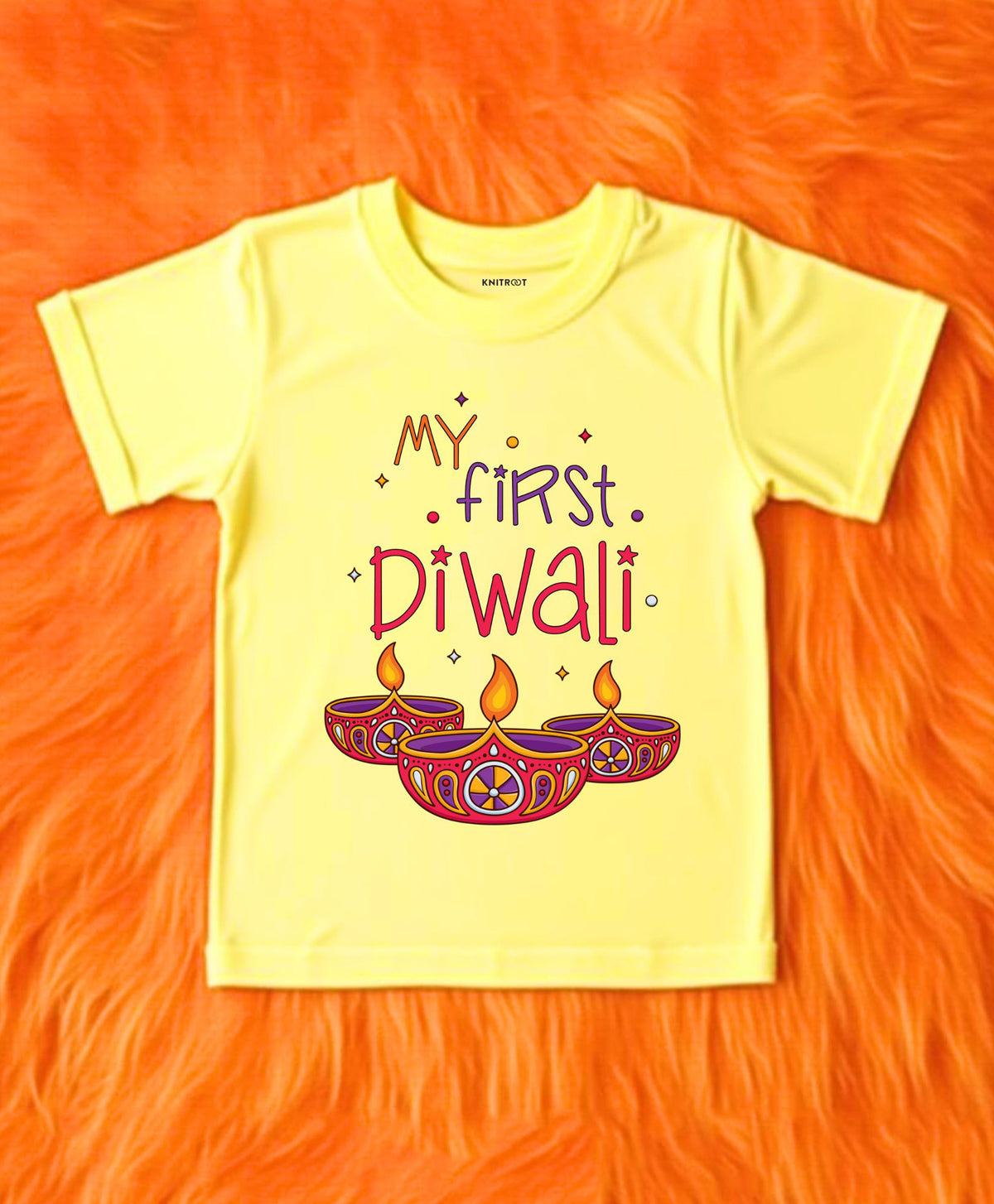 KNITROOT My First Diwali Three Diyas Half Sleeves Tee Yellow