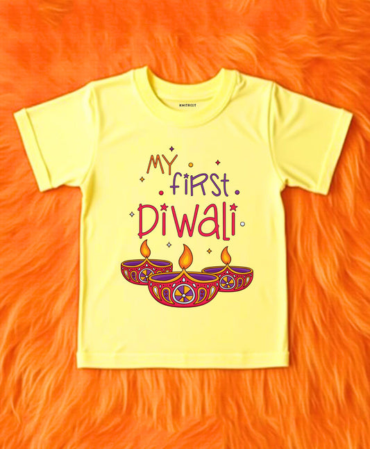KNITROOT My First Diwali Three Diyas Half Sleeves Tee Yellow