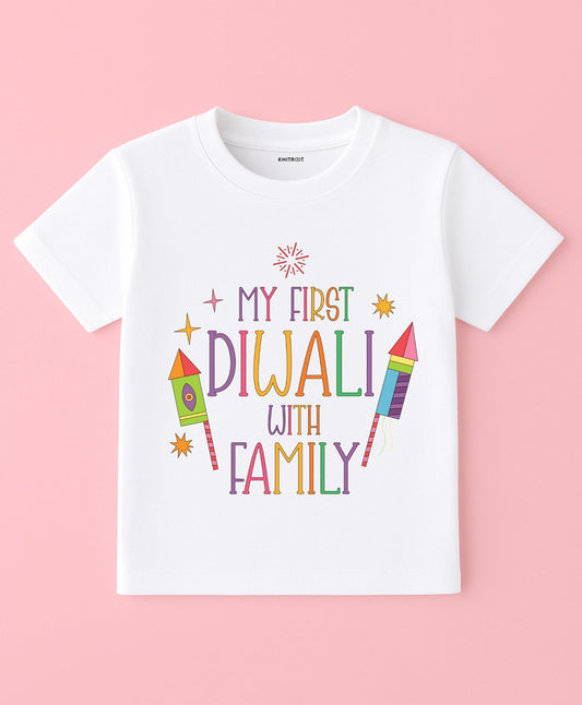 KNITROOT My First Diwali With Family Rocket and Crackers Half Sleeves Tee White