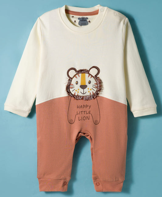 FirstCry Mini Taurus Interlock Knit Full Sleeves Romper With Lion Embroidery Rust